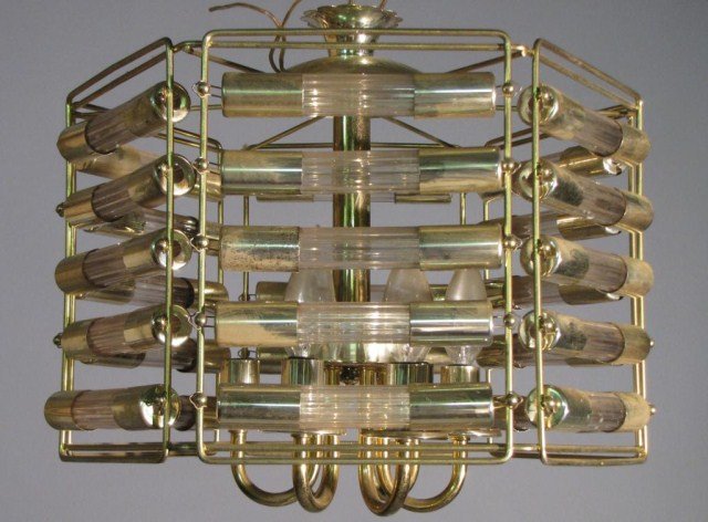 MODERN 30 TUBE HEXAGON CHANDELIER: Unusual dangling electric light fixture from the late 1900's, 13"H X 15"W. Natural soiling.