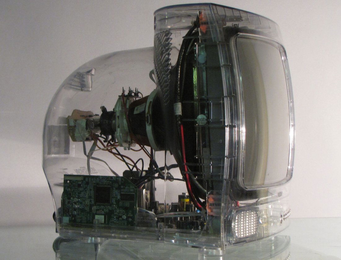 MODERN TRANSPARENT RCA TELEVISION: Clear and colorless, cable-ready color television set, quite similar to the vintage Harmon-Kardon speaker/receiver units from the late 1970s - early 1980s. In "as found" condition: couple of exterior