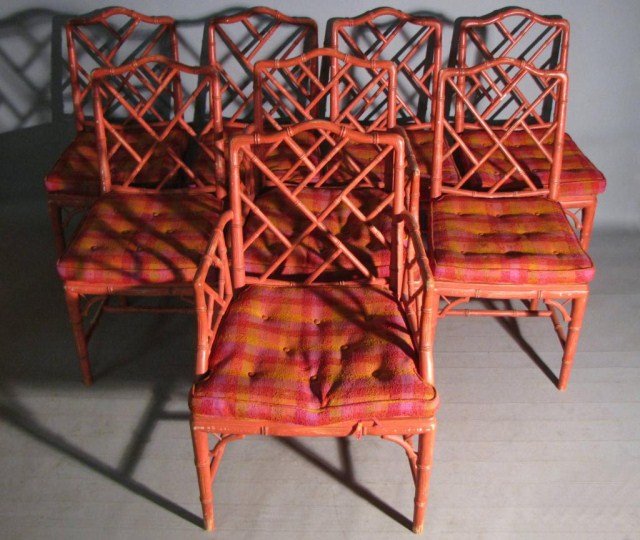 8-FAUX BAMBOO DINING ROOM CHAIRS: Naturally aged and chafed crimson enamel help lend this set an unusual appearance. Tight assembly and taut, well-caned seats give these vintage chairs a solid sense of presentability, 6-side chairs: 1