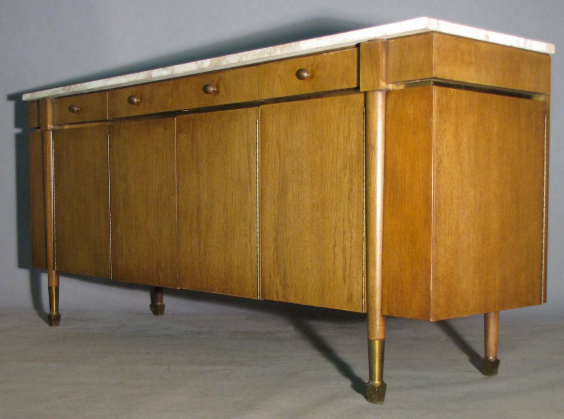 MID CENTURY MODERN PROBER STYLE SIDEBOARD: Piano-hinged side compartments, 33"H X 72"W X 20"D. Far right, rear corner of marble top repaired; frame and body show light signs of wear --- most presentable. Be sure to inspect the pictures of this