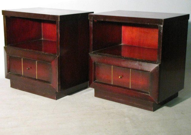 PAIR JAMES MONT STYLE END TABLES: Probably from the 1950's, 16"D X 24"W X 25"H. Solid and sturdy though both show discernible edge wear, some light chafing and veneer flaws.