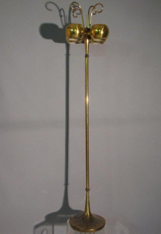 PARZINGER DESIGN FOUR GLOBE BRASS FLOOR LAMP: Original wiring, 11" X 11" X 61"H. In "as found" condition. Light oxidation and spotting beginning to form. It would clearly benefit from some polish and buffing.