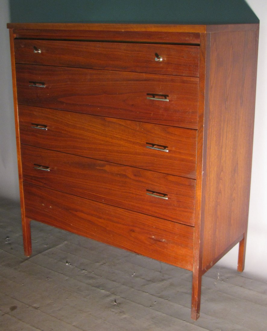 PAUL MCCOBB DELINEATOR GROUP CHEST BY LANE: Walnut with nickel hardware, missing 2-handles, otherwise in good "as found" condition. Left rear frame shows repaired vertical split.
