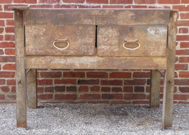 AMERICAN MACHINE AGE INDUSTRIAL WORK STATION: Welded angle-iron Work Station, perforated steel plates and round bars make this pre-WWII work bench veritably "bomb proof", hand-fabricated drawers with hammered brass pulls, an excellent addition to