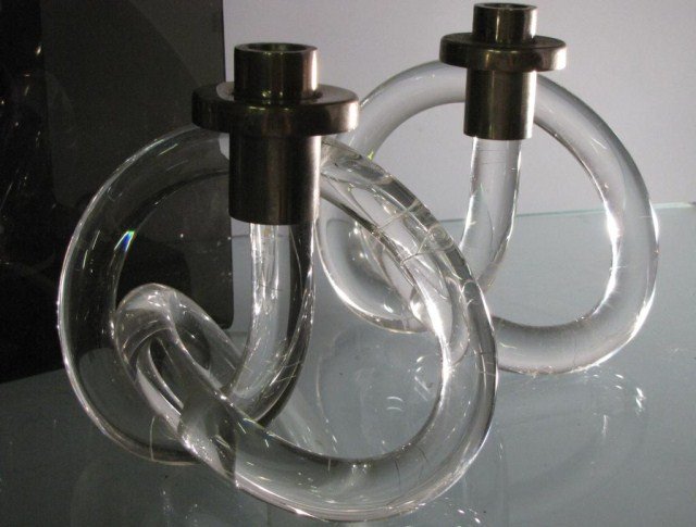 4-PC.AMORPHOUS LUCITE CANDLESTIX AND LIGHTING: A fine grouping of lighting from the latter half of the 1900's, for a modest opening bid, pair of stix and 2-odd lamps, stix: 5" X 7"H X 9, tall lamp: 5" X 8" X 31", gray lucite lamp: 8" X 8" X 9"H. T