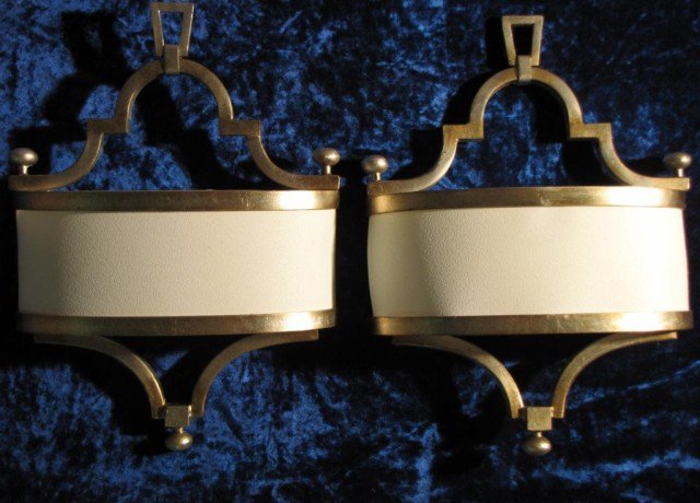 PR HOLLWOOD REGENCY SCONCES: Lightly tarnished cast metal with classic Art Deco design influence, 18"H X 13"W X 4"D. Very clean and presentable. In good "as found" condition.