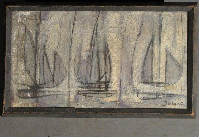 MODERNIST NAUTICAL OIL ON CANVAS - DUNBAR: Plainly dated Painting (1950), dynamic and expressive sail boating scene, originally for sale on Locust Street in Philadelphia with price shown as "$300.00", original period oak frame, stretcher size