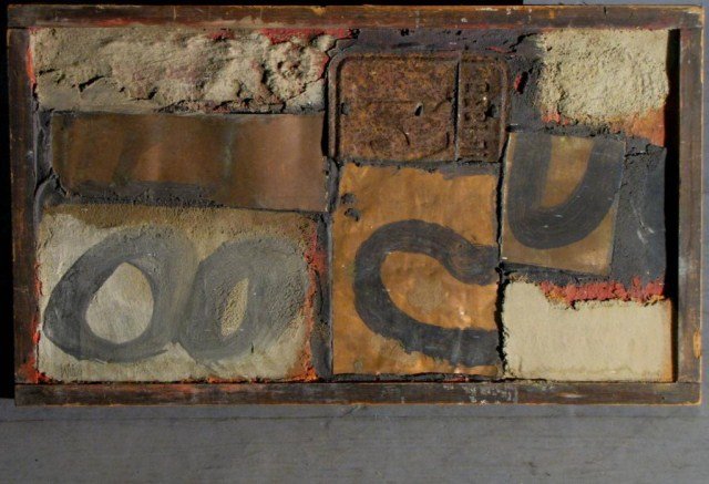 MID CENTURY INDUSTRIAL WALL HUNG SCULPTURE-WILEY: Abstract Sculpture with mixed media, including stamped steel, copper, masonry, paint and wood on plywood panel, lower left corner field signed "Wiley", though undated, overall size of approximately 14