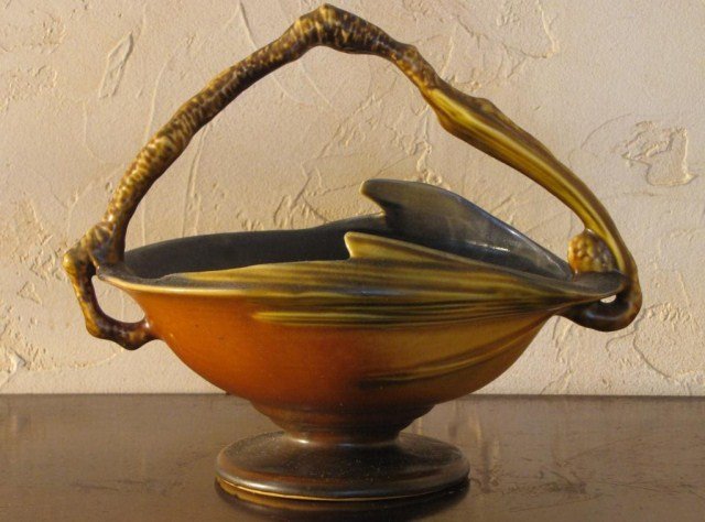 HANDLED BASKET WITH FLOWER FROG: An unusual model, 9 1/2"W X 8"H. Light natural wear.