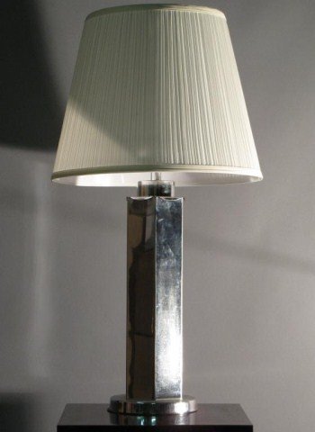 MID CENTURY MODERN CHROME HEXAGON LAMP: Original Vintage table lamp; probably from the 1960s or early 1970s. Chrome is beginning to show some very light spotting, otherwise bright, clean and ready for high polishing, to compliment one's mod