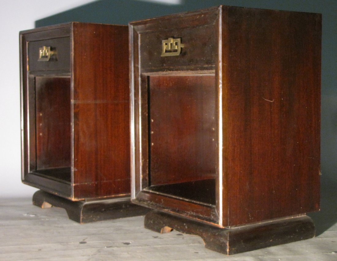 PR.ASIAN INFLUENCE JAMES MONT TABLES: End tables. Classic James Mont style with a decidedly Far Eastern flair. Noticeable wear, edge chafing and finish flaws; note the scratched top on the one piece: as shown. 26" high, 18" wide & 15" dee