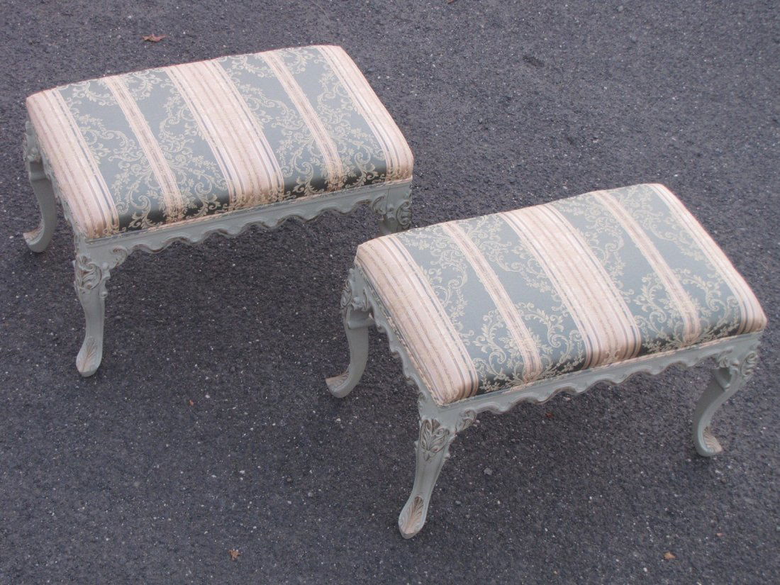 LOUIS XV STYLE PAIR BENCH SEATS: Pale green paint & lovely complimented upholstery. About 18" deep, 30" wide & 19" high. Tight, sturdy & well-assembled.