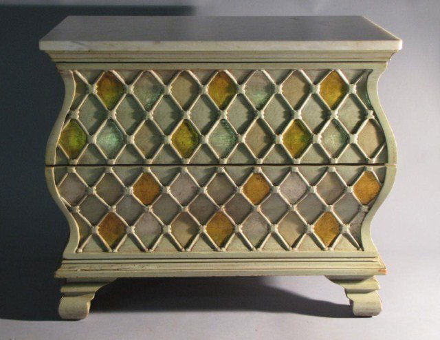 HOLLYWOOD REQUENCY HARLEQUIN BOMBE CHEST: Light indications of natural wear;good color (with faux gold gilt) & thoroughly presentable. Solid marble top. 28" wide, 24" high & 19"deep.