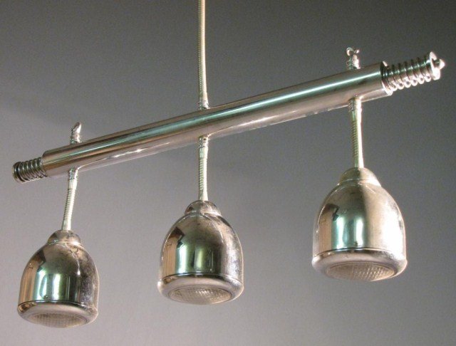 MODERN TRI-ARM DECO CHROME LIGHT FIXTURE: Typically referred to as "new old stock" ----salvaged from a lighting supply facility about thirty years ago & in storage, ever since. Natural accumulation of dust & debris; could clearly benefit from