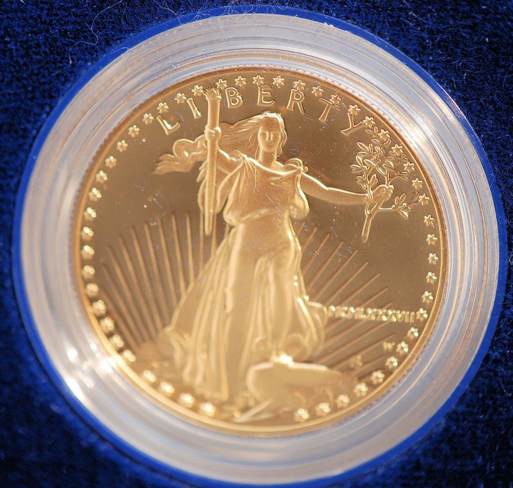 American Eagle Gold Eagle proof set: American Eagle gold coin proof set. There are two coins in this set: the 1 oz. $50 gold piece and the 1/2 oz. $25 gold piece. These coins come in their original packaging with the original case and th