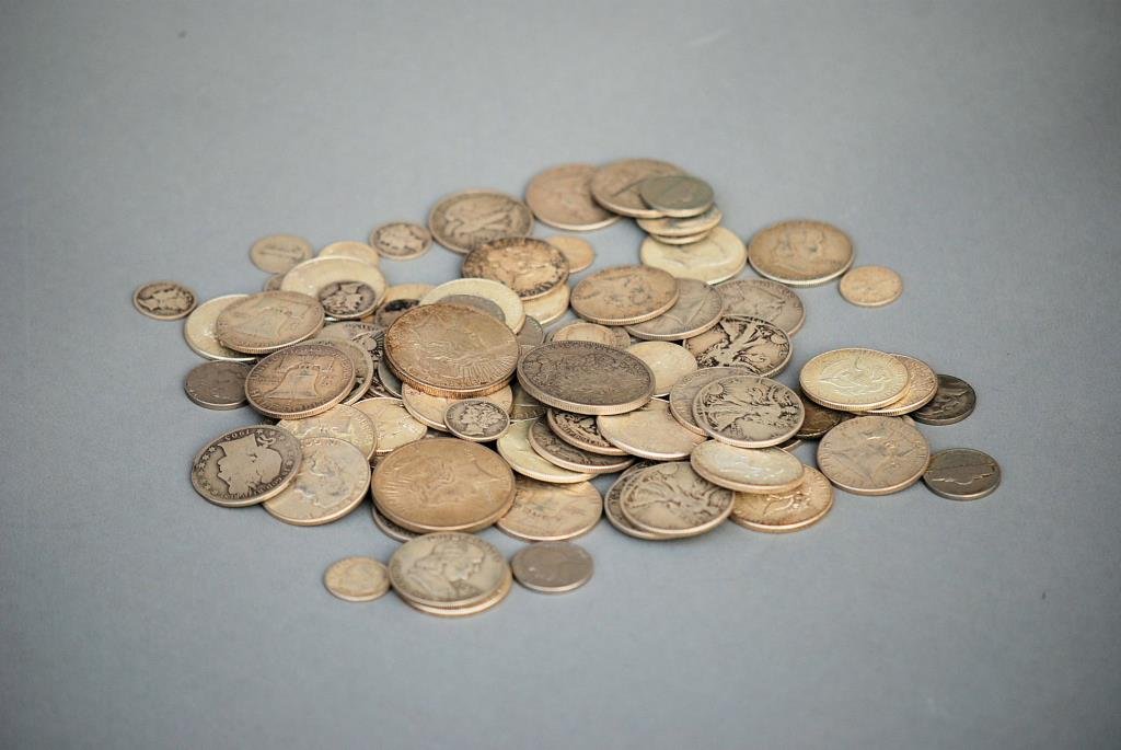 Various US Silver Coins: Lot of Assorted US Silver Coins,consisting of (50) Half Dollars, (3) Dollars, (22) Dimes, (8) Nickels.