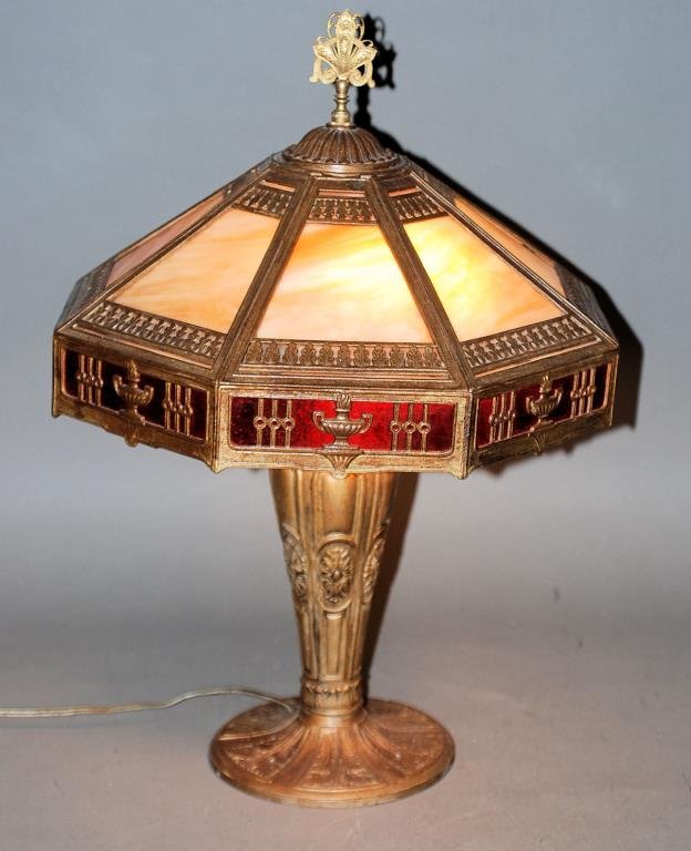 Vintage Slag Glass Panel Table Lamp: Vintage Slag Glass Panel Octagon Form Table Lamp. Gilt metal frame with 2-tone slag glass shade. 24'H X 18" Diameter. In good condition.