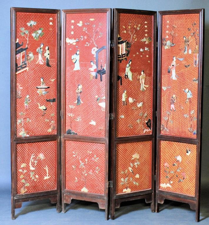 Antique Chinese 4 Panel Floor Screen: Antique Chinese 4 Panel Floor Screen. Hardwood frame with Chinoiserie panels having hard stone mounts. 74 3/4"H X 76"W. Minor losses, otherwise in good condition.