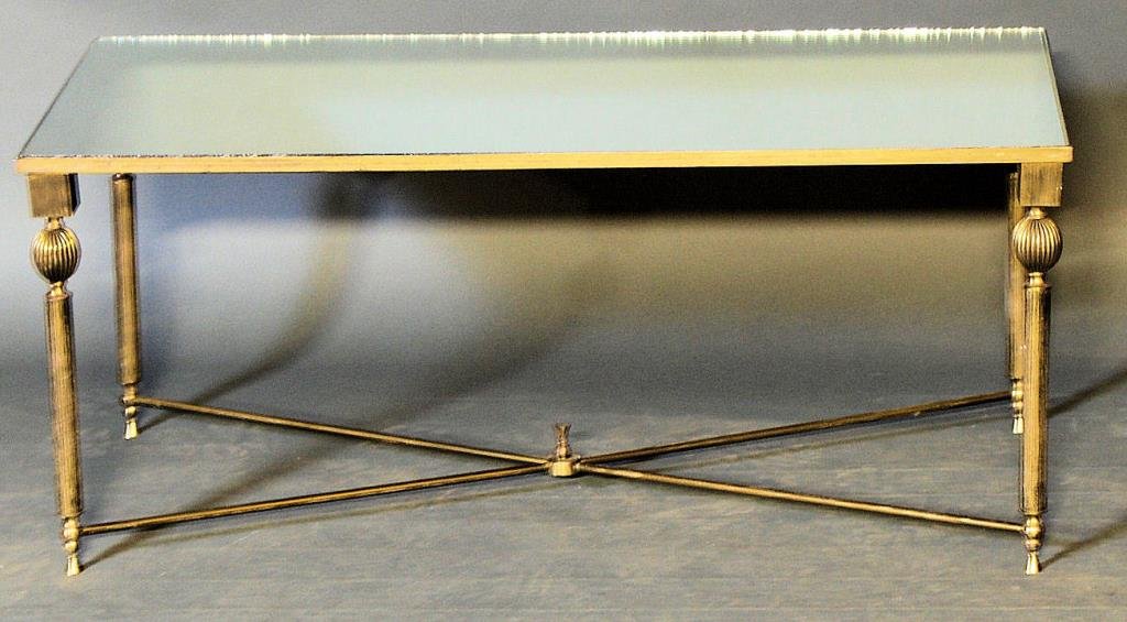 Directoire Style Coffee Table: Directoire Style Bronze Coffee Table. Bronze frame with inset mirrored top. 17"H X 39 1/2"W X 19 1/2"D. In good condition.