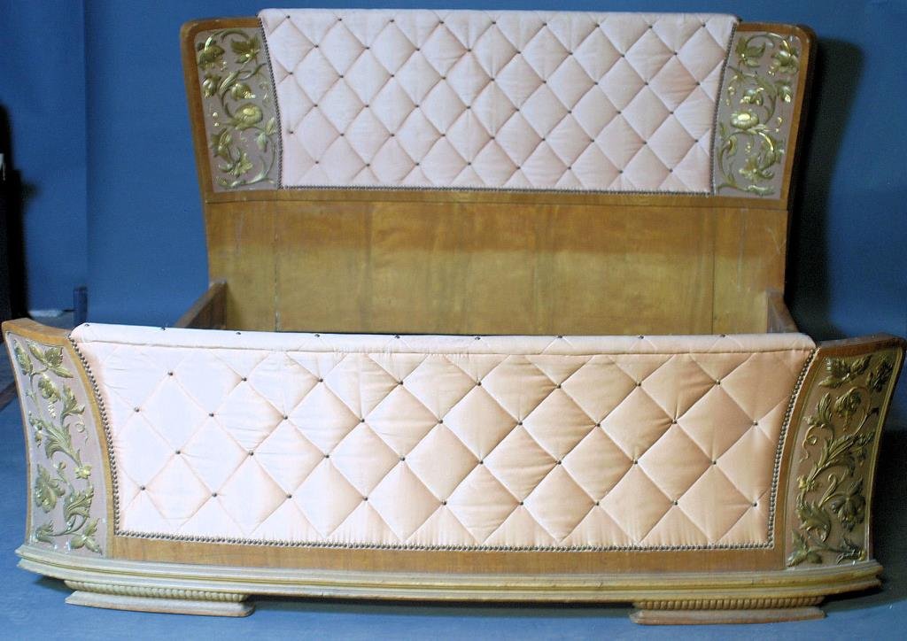 Andre Arbus Style French Art Deco Bed: Andre Arbus Style French Art Deco Bed. Maple veneer with polychromed, gilt wood decoration and tufted silk fabric. Headboard, footboard and rails. 44 1/2" H X 75"W X 93 1/2" D. In good condition.