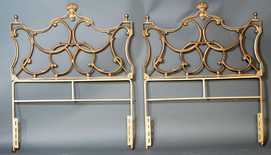Neo Classical Style Headboards: Pair of Neo Classical Style Headboards. Gilt metal twin size headboards. 48"H X 40"W. In good condition.