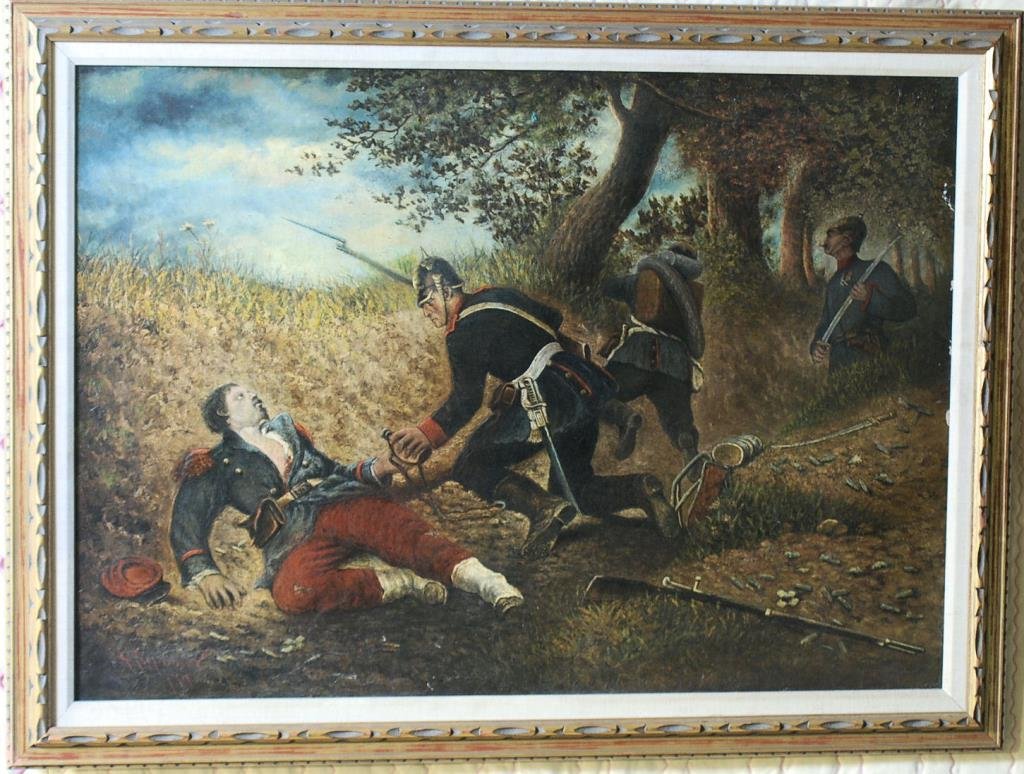 A. Seymour Oil on Canvas: Oil painting of a Prussian Battle Scene, signed "A. Seymour". Oil on canvas relined with old restorations. Later gilt frame, signed lower left. 26 1/2"H X 36 1/2"W.