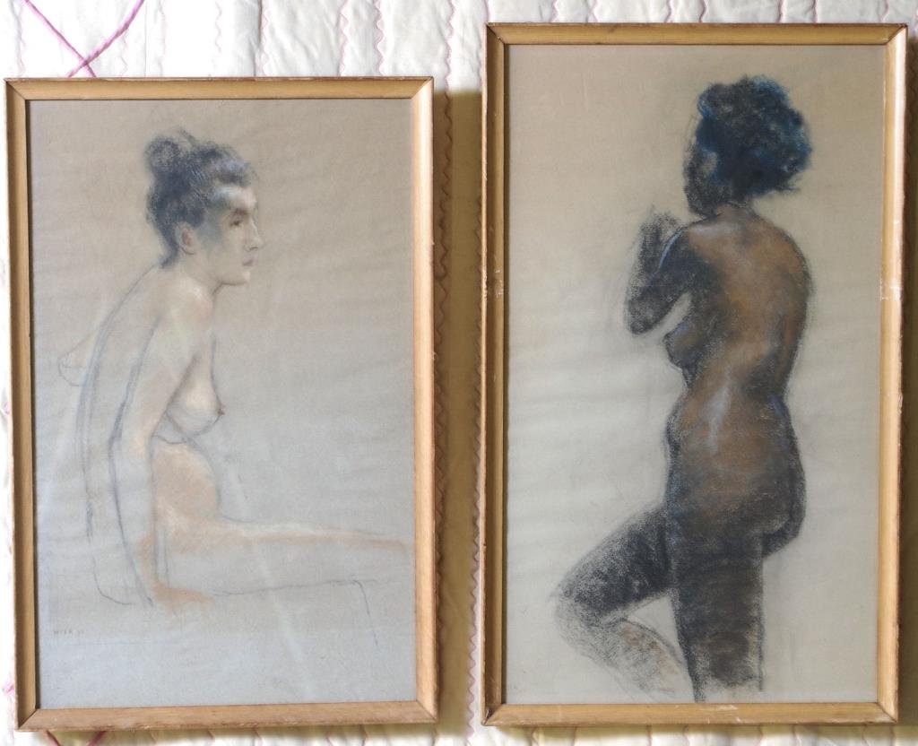 Nude Charcoal Drawings: Lot of 2 nude charcoal drawings on paper under glass wood frames. 1 Signed lower left Hirk. "52 1- 21 1/2"H X 13 1/2"W, 1- 23 1/2"H X 13 1/2"W.