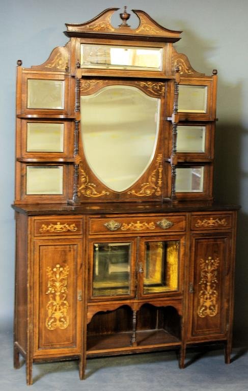 English Edwardian Etagere: English Edwardian Etagere. Exotic wood inlaid veneers with beveled glass and mirrors. 89"H X 54"W X 15"D. In good condition.
