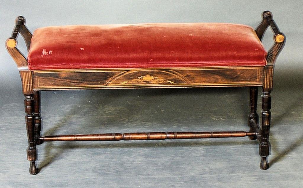 Edwardian Style Piano Bench: Edwardian Style Piano Bench. Exotic wood inlaid veneers. Rose colored fabric seat. Old repairs. In good condition.
