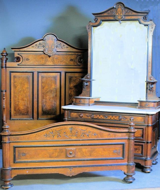 American Victorian Bedroom Set: American Victorian Two Piece Bedroom Set. Walnut with exotic and burl wood inlays and ebonized trim. Consists of a bed with the rails and bolts, also a dresser with attached mirror with candle stands
