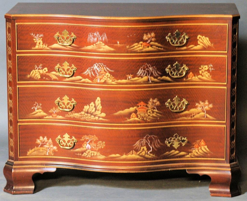Charleston Collection Baker Chest: Historic Charleston Collection "Baker" Chest. Mahogany veneer with cross banded top and Asian design paint decoration. 33"H X 42"W X 20"D. In good condition.