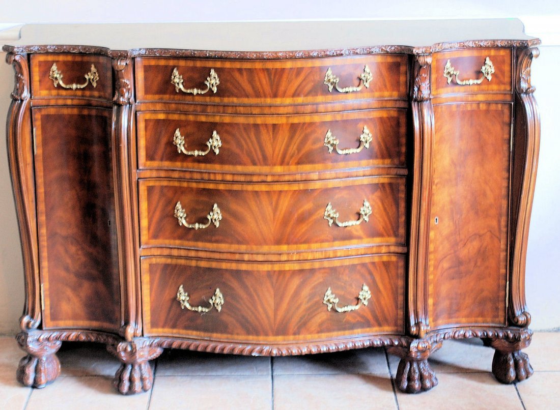 Maitland-Smith William IV Server: Maitland-Smith William IV Style Server. Carved mahogany with matched veneers. 34"H X 51"W X 19 1/2"D. In good condition.