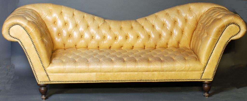 Old Hickory Tannery Chesterfield Sofa: Old Hickory Tannery Chesterfield Sofa Tan leather tufted custom sofa number 7901-03 still in production, original retail cost was $4800. Natural wear to the leather. 36"H X 95"W X 32"D In good conditi