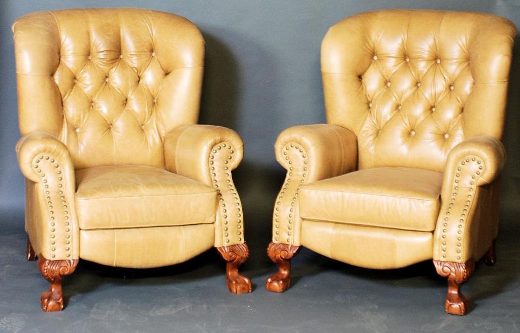 Pr. Georgian Style Leather Recliners: Pr.Georgian Style Leather Recliners. Tan leather on mahogany finished legs. Natural wear to the leather. 46"H X 38"W X 36"D. In good condition.