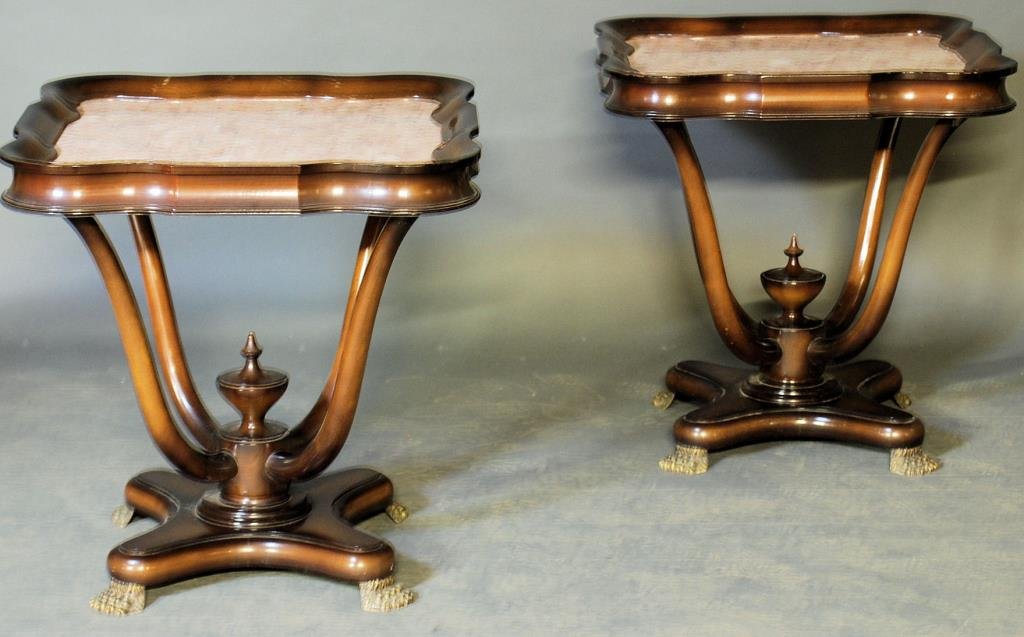 Pr. Regency Style End Tables: Pr. Regency Style End Tables. Mahogany frames with pink marble inserts, resting on bronze paw feet. 27"H X 27"W X 27"D. In good condition.