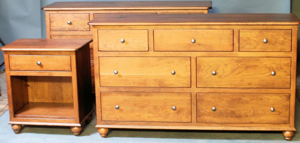 3 Pc. L.I. Gascho Bedroom Set: 3 Pc.L.I. Gascho Bedroom Set. 2 matching dressers and a night table, solid cherry. Dressers 36"H X 62"W X 20"D, Night Table 29"H X 26"W X 17"D. In good condition.
