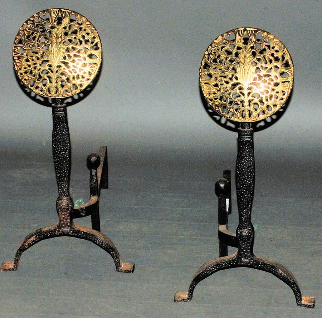 Pr. Colonial Williamsburg Andirons: Pr. Colonial Williamsburg Andirons. Brass and Iron. 26 1/2"H X 13"W X 20'D. In good condition.