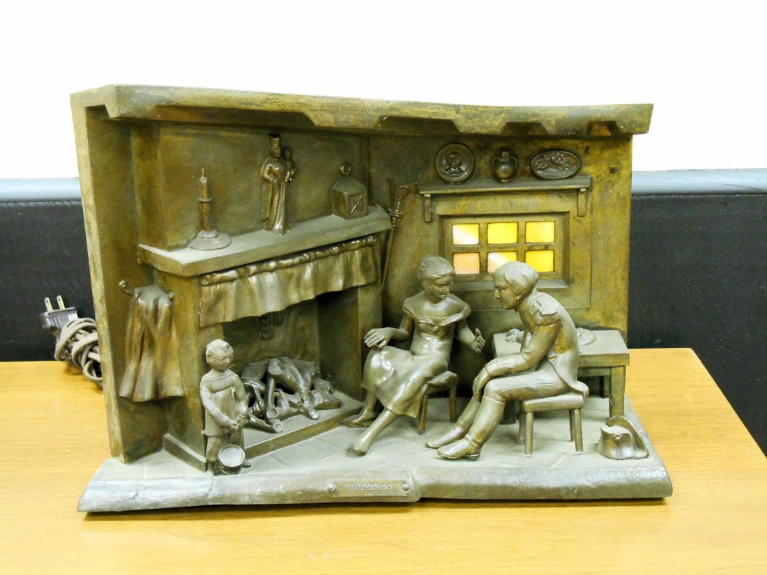 Napoleon Waterloo Table Lamp: Early 20th c. Napoleonic "Waterloo - Par Lesueur" commemorative spelter metal 16" x 11" x 6" diorama form table lamp.