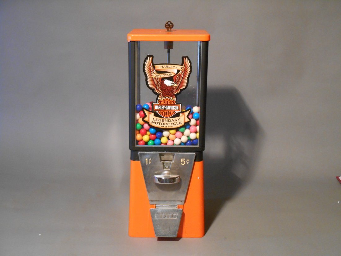 Harley Davidson Gum Machine: Vintage 1950’s-1960’s Oak Mfg. Co. Vista model Harley Davidson themed 17” x 6” x 6” one & five cent gumball machine with key.