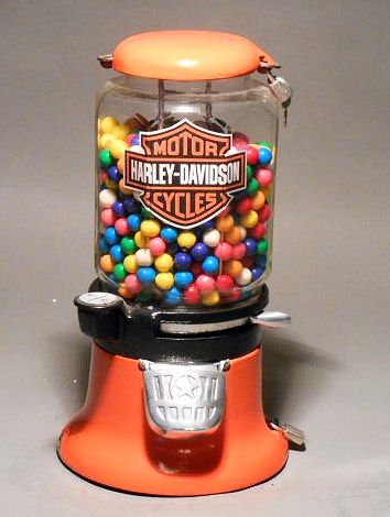 Harley Davidson Gum Machine: Vintage 1930’s Columbus Vending Co. model M Harley Davidson themed 13” x 8” one cent gumball machine with key.