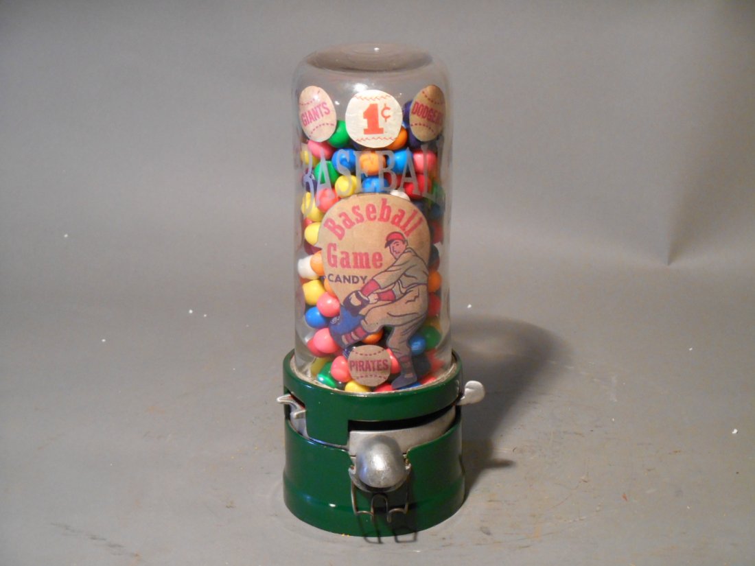 Vendex Gumball Machine: Vintage 1940’s Vendex Co. Gumball 11” x 3 ½” “Baseball Game Candy” one cent gumball machine.