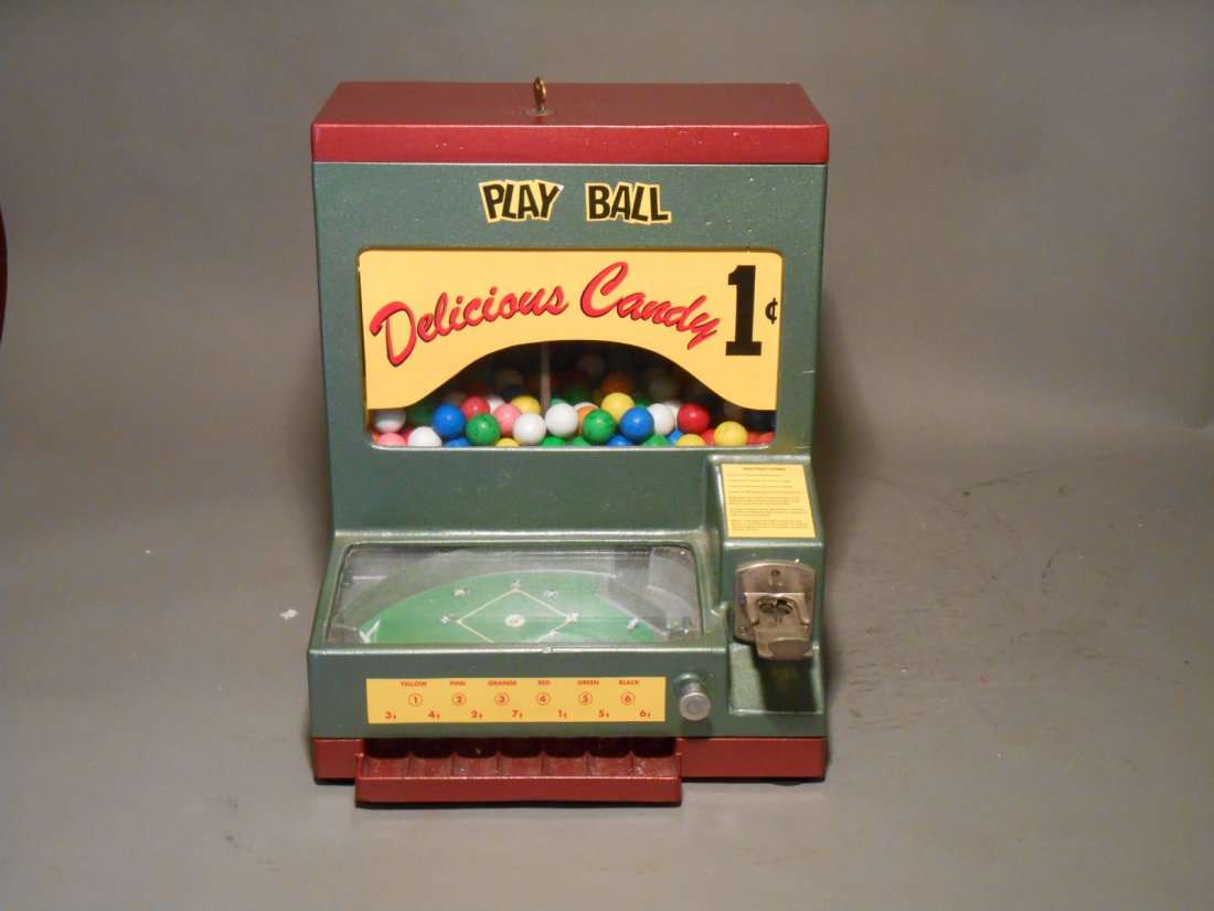 Baseball Gumball Machine: Vintage 1950’s Ekholm Mfg. Co. Baseball 14” x 11 ¾” x 10 ½” pinball style one cent gumball machine with key.