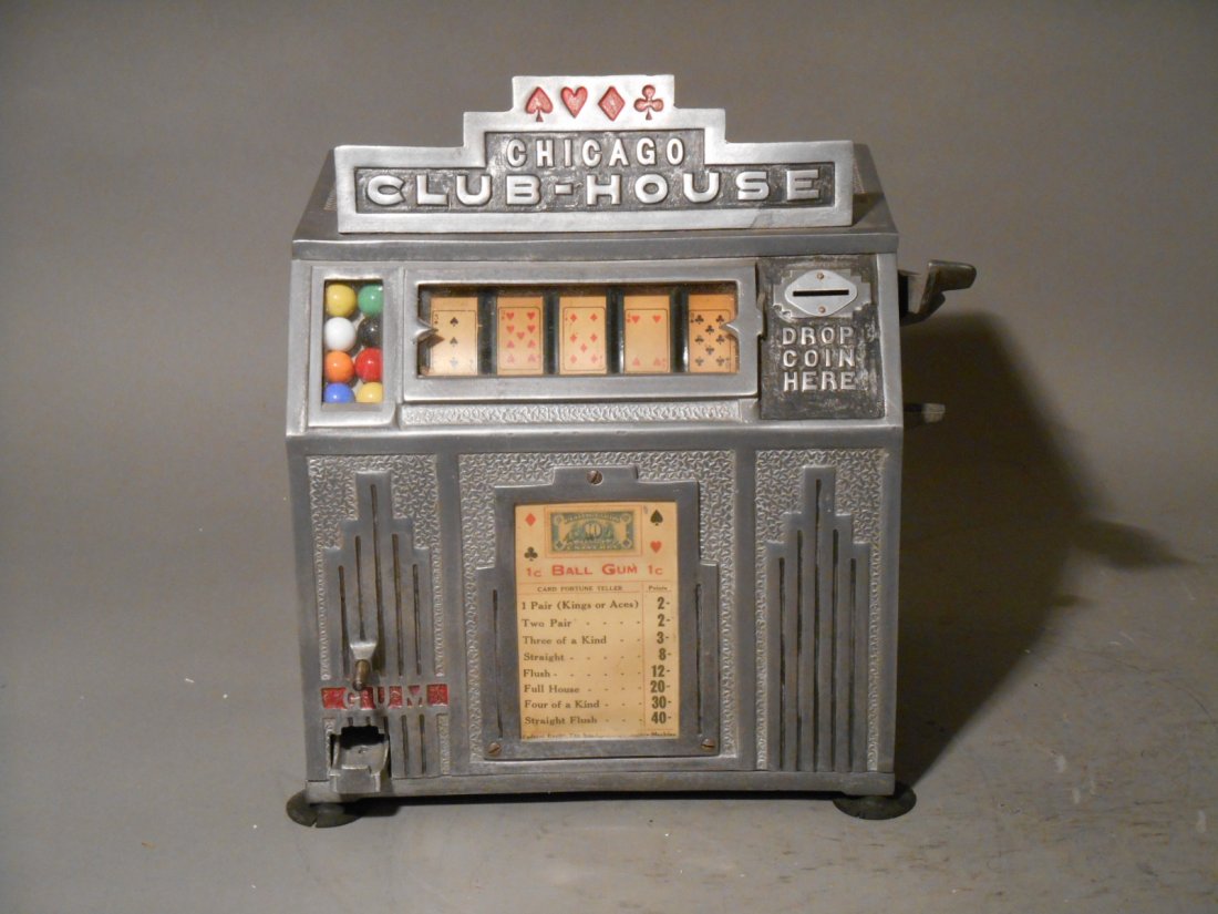 Daval Trade Stimulator: Vintage 1934 Daval Products Corporation “Gold Medal” Jackpot Chicago Club-House 13” x 11” x 8” one, five & twenty-five cent five reel poker trade stimulator.