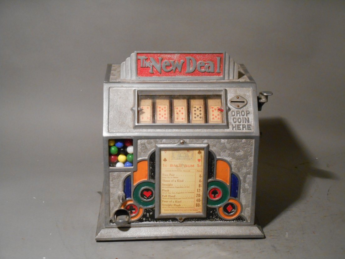 New Deal Trade Stimulator: Vintage 1933 Pierce Tool & Manufacturing Co. The New Deal 13” x 12” x 9” one, five & twenty-five cent five reel poker trade stimulator with key.