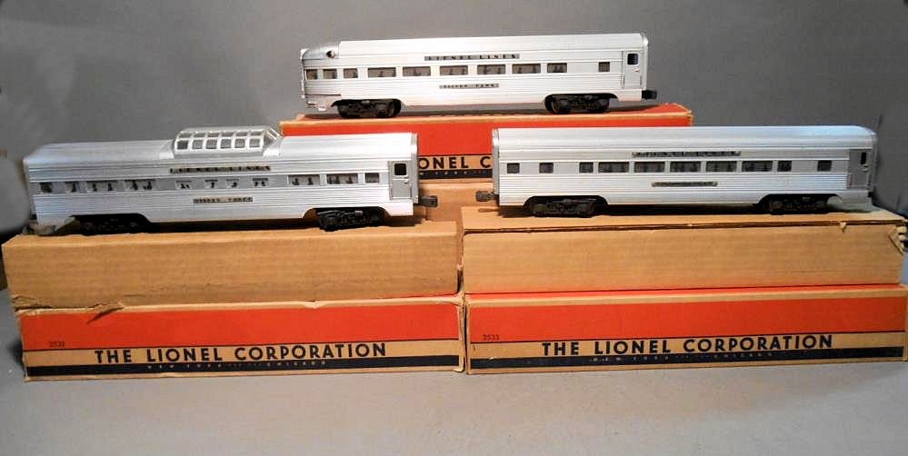 Lionel Passenger Cars: Lot of three Lionel postwar O gauge aluminum passenger cars includes: #2531 Silver Dawn observation, #2532 Silver Range vista dome & #2533 Silver Cloud Pullman. All come with their original boxes.