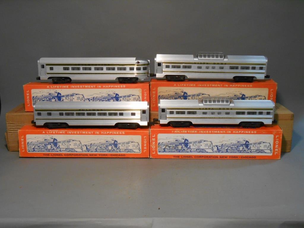 Lionel Passenger Cars: Lot of four Lionel postwar O gauge Presidential aluminum passenger cars includes: #2521 President McKinley observation car, (2) #2522 President Harrison vista dome car, & #2523 President Garfield Pull