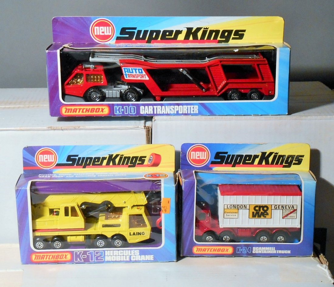 Matchbox Super Kings: Lot of three 1975 Matchbox Super Kings includes: K-10-C-1 Auto Transport, K-12-C-2 Hercules Mobile Crane & K-24-C-1 Michelin Scammell Container Truck. All come with theiroriginal boxes.