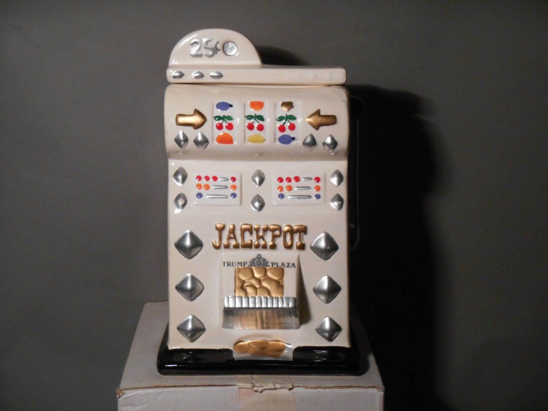 Slot Machine Cookie Jar: Vintage Trump Plaza Casino slot machine form promotional pottery cookie jar.