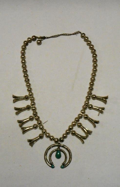 Bell Trading Post Squash Blossom Necklace: Vintage Bell signed (Bell Trading Post – Albuquerque, New Mexico) Native American style sterling silver & turquoise 12” squash blossom necklace. Condition: Very good condition with areas having so