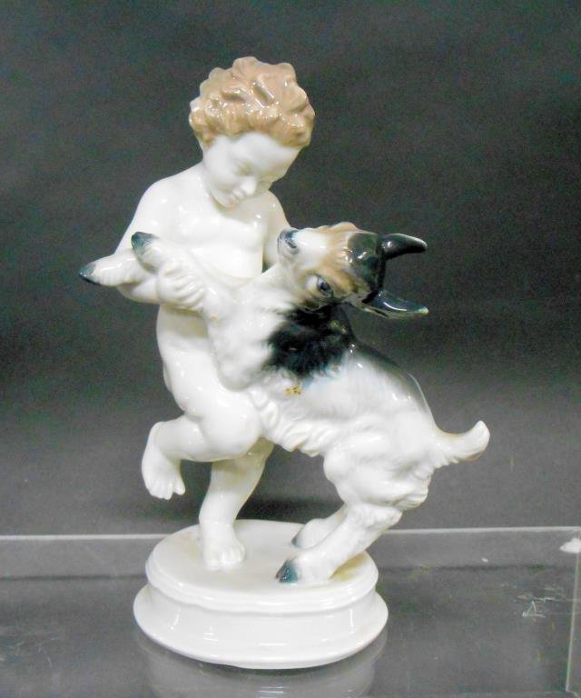 Rosenthal Dancing Putto Figurine: Mid 20th c. Rosenthal porcelain #1283 Dancing Putto with Goat 8” (h) x 5” (l) figurine, designed around 1940 by Max Hermann Fritz. Condition: Very good condition with no chips, cracks or any other